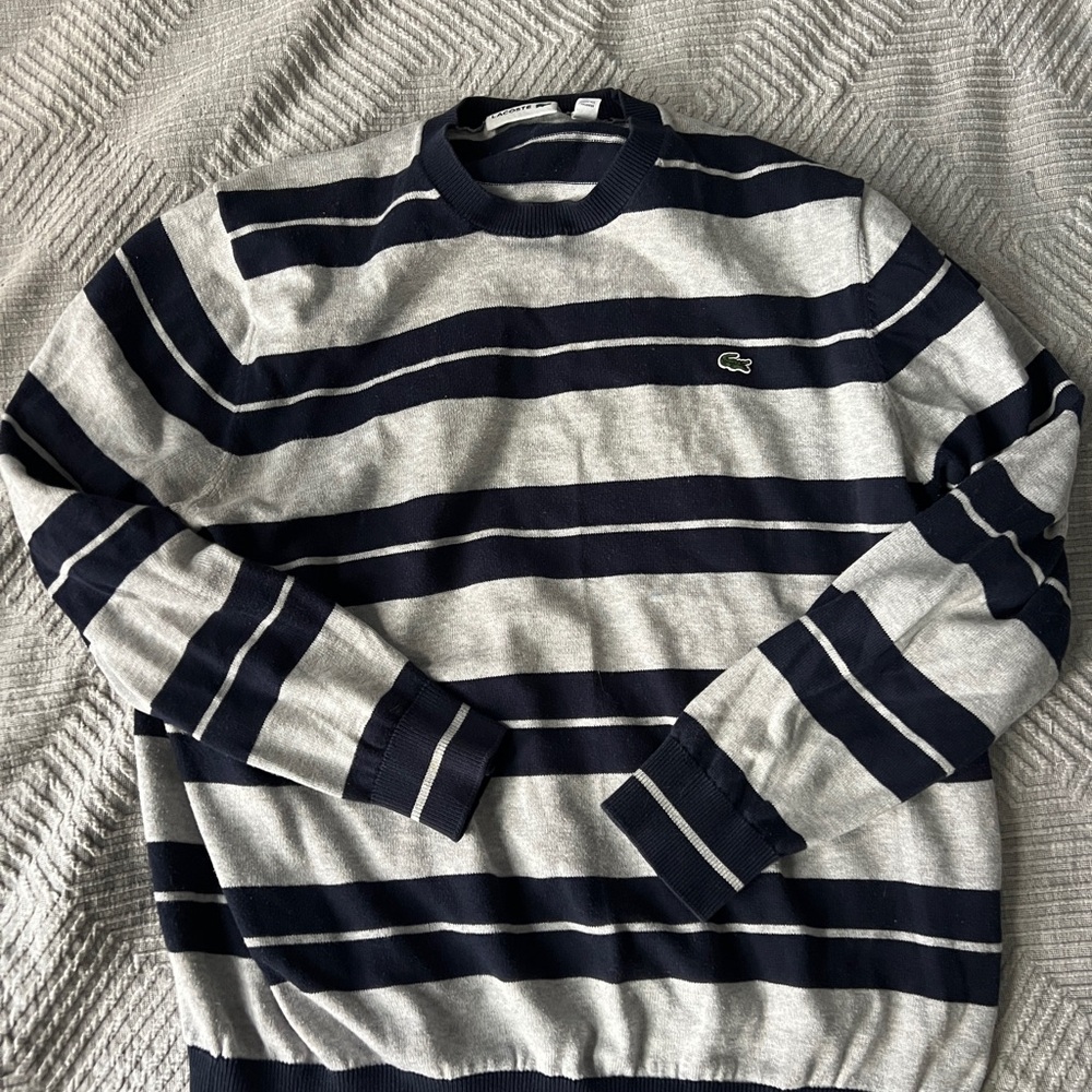 Lacoste Men's Navy and Gray Striped Sweater